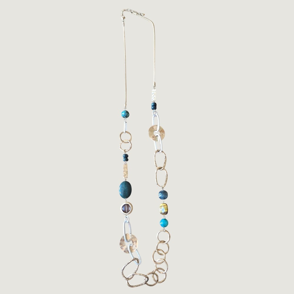Mixed Metal Natural Stone Station Long Necklace Gold Silver Green Boho Statement